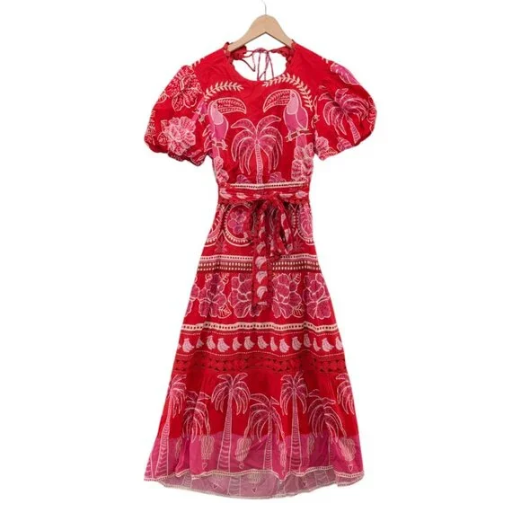 FARM Rio Summer Sunrise Midi Dress Red Short Sleeve Belted Back Cut Out Size S - Picture 1 of 13